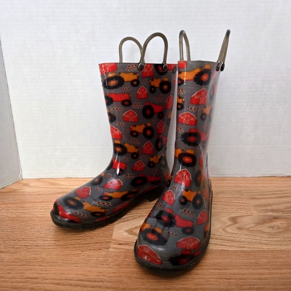 WESTERN CHIEF Light Up Rain Boots 13/1 Grey Red Trusty Tractor Pull Up Loops - Picture 1 of 7